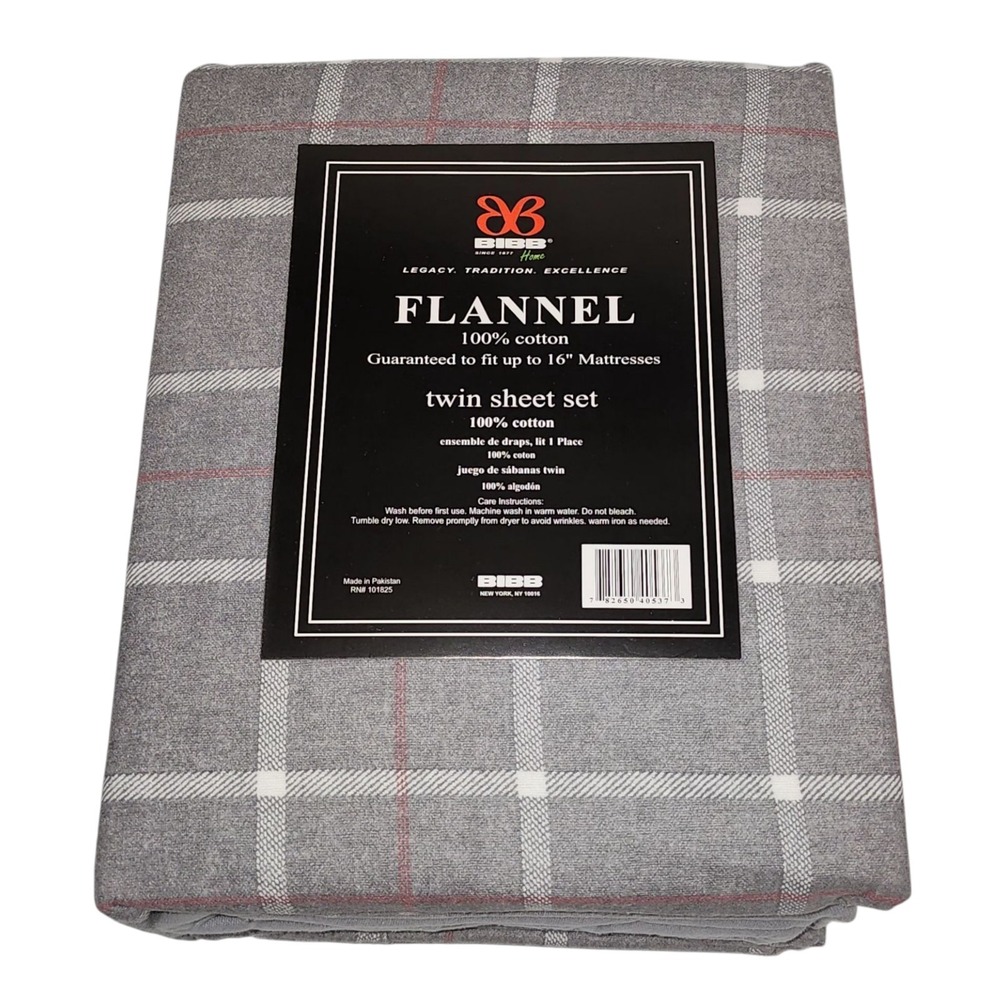 BIBB Home Twin Size Gray Checkered Cotton Flannel Sheet Set 3pc